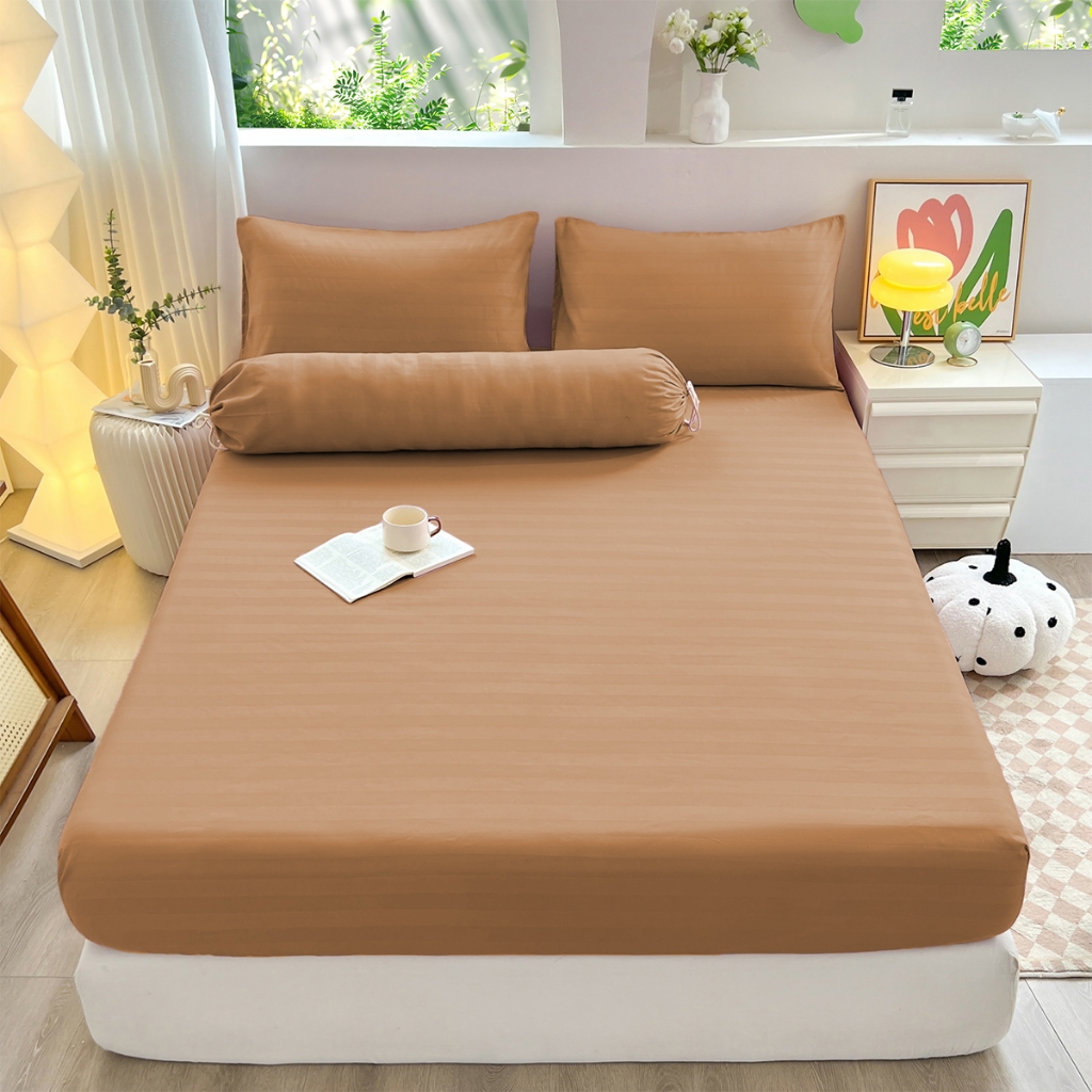 ผ้าปูที่นอน6ฟุต 5ฟุต 3.5ฟุต 3ฟุต Satin ชุดผ้าปูที่นอน ผ้าปูที่นอนกันไรฝุ่น ลายริ้ว (รวมถึงปลอกหมอนยาว) ราคาถูก