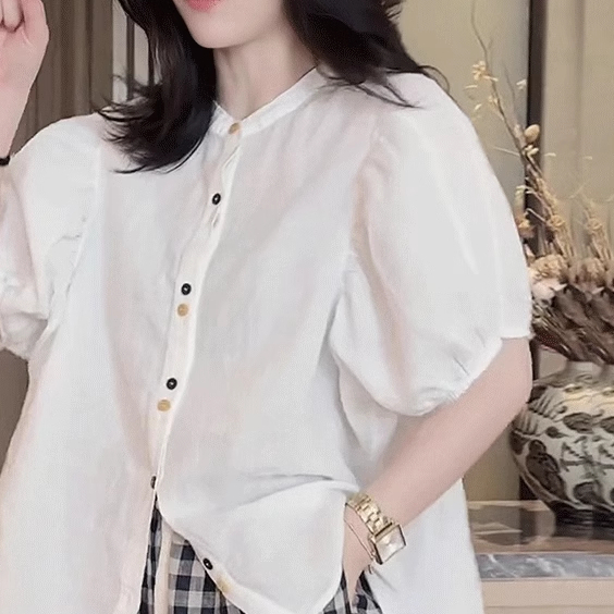 เสื้อเชิ้ด รุ่น PBB5066 แขนพองสไตล์เกาหลี คอปกสีขาว แขนสั้น กระดุมหน้า ฟรีไซส์ อก46  ผ้าใส่สบาย - รูปที่ 4