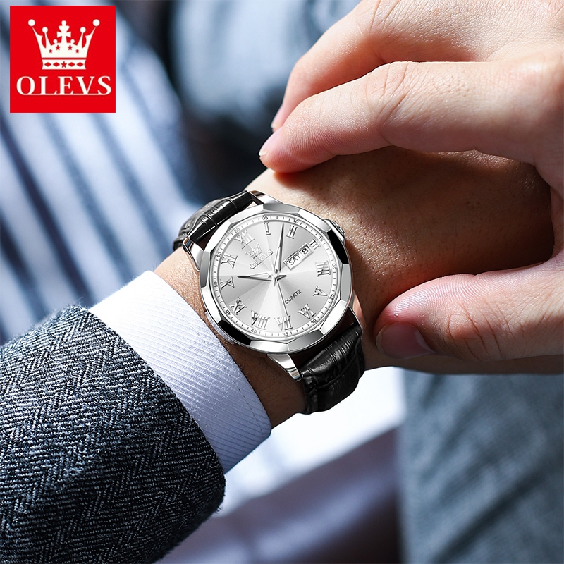 OLEVS นาฬิกาผู้ชาย กันน้ำ 100% แท้ ธุรกิจ กีฬา ปฏิทิน เรืองแสง สายหนังแท้ นาฬิกาข้อมือควอตซ์ ผู้ชาย