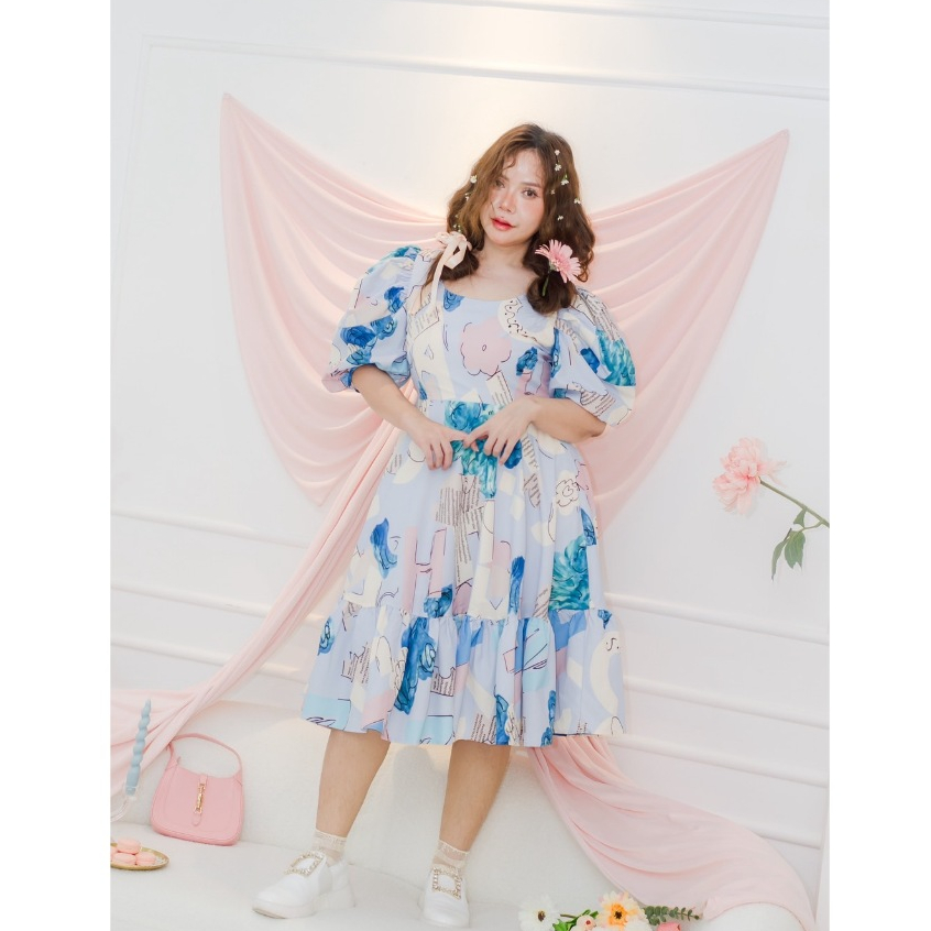 CA383 : Calorie Fashion Cornflower Blue  มินิเดรสสีฟ้าพิมพ์ลาย งานน่ารักมากเวอร์