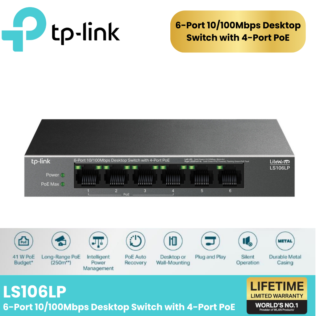 TP-LINK LS106LP สวิตซ์ 6-Port 10/100Mbps Desktop Switch with 4-Port PoE limited lifetime