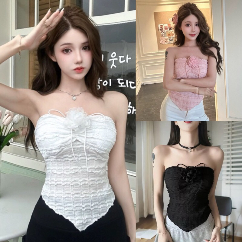 Elly พร้อมส่ง🎀เสื้อเกาะอกเซ็กซี่ผู้หญิง ผูกคล้องคอ แถมเข็มกัดดอกไม้ เสื้อเกาะอก มีฟองน้ำ สม็อคหลัง รัดรูป crop top