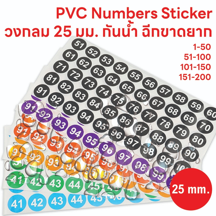 สติ๊กเกอร์ พีวีซี ตัวเลข 1-200 ขนาดวงกลม 25 มม. กันน้ำ 100% ทนความเย็น ฉีกขาดยาก ทนแดดมี 8 โทนสี