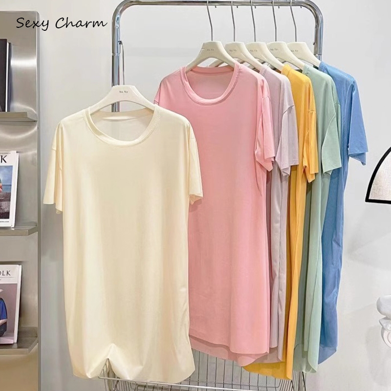 Sexy Charm🍍🍍ชุดนอนใส่สบาย ชุดเดรสแขนสั้น ทรงหลวมพอดีตัว สีทึบ เรียบง่าย ราคาถูก