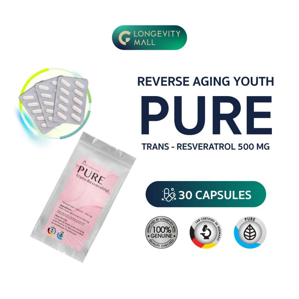 [ 3 แผงx 10 แคปซูล] PURE Trans-Resveratrol 500 mg/capsule 30 capsules ลดสิวอักเสบ กันแดด