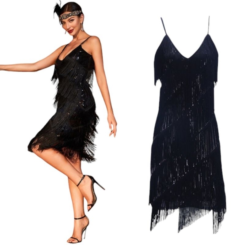 เดรสสายเดี่ยวติดพู่ฟรุ้งฟริ้ง ชุดแกสบี้เต้นลีลาศ (สินค้าในไทย🇨🇷)