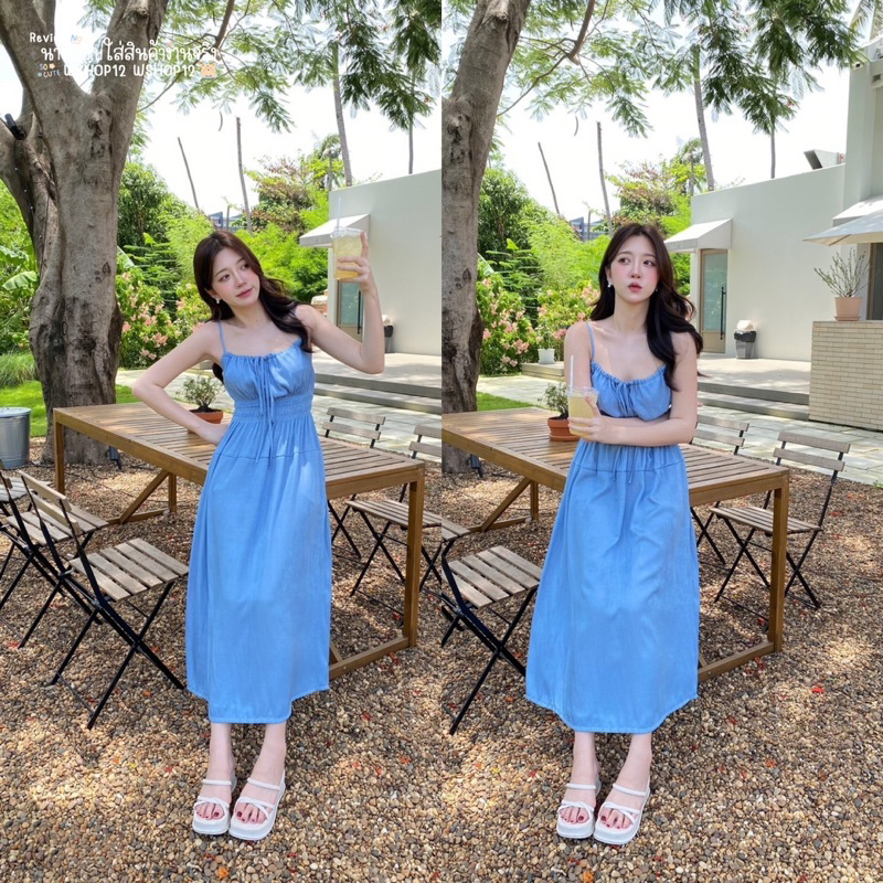 เดรสสายเดี่ยวสายปรับได้ สม็อกอกผูกโบว์หน้าเข้ารูป ใส่คลุมท้องได้ ผ้ายีนส์นิ่ม 3สี NN