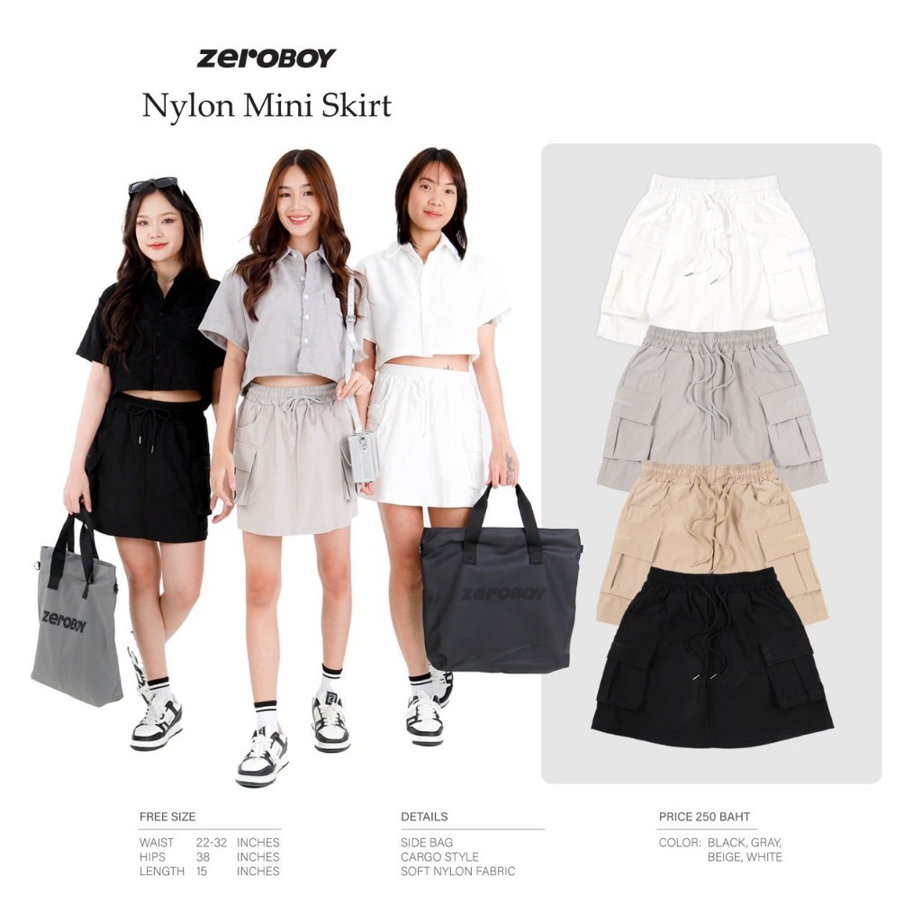 ZEROBOY- NYLON MINI SKIRT " กระโปรงสั้นกระเป๋าข้างทรงคาร์โก้ผ้าไนล่อน 4 สี "