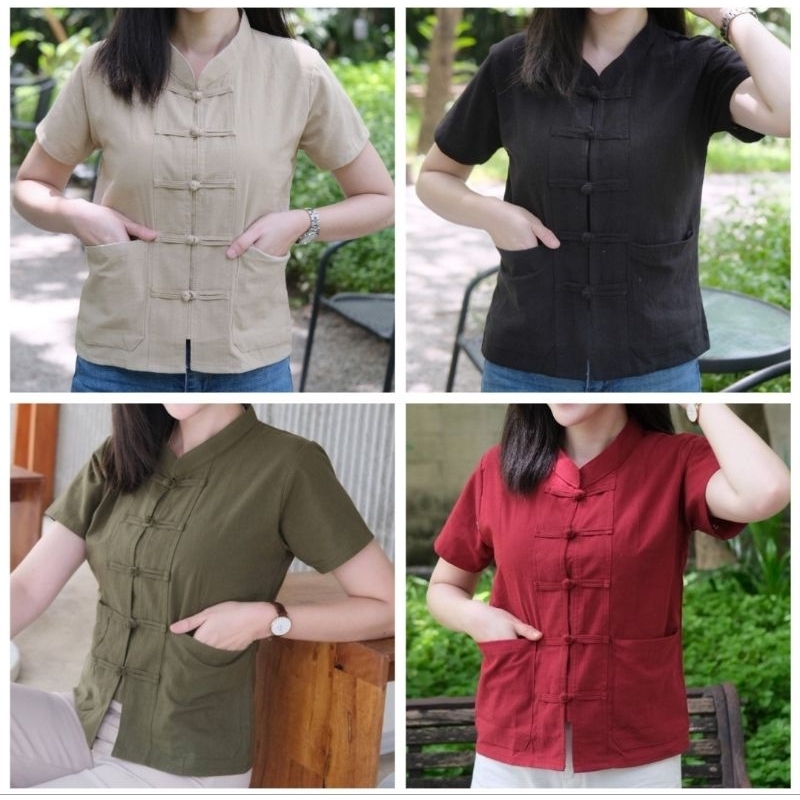 เสื้อผ้าฝ้ายคอจีนกระดุมขอด รุ่นมีกระเป๋า