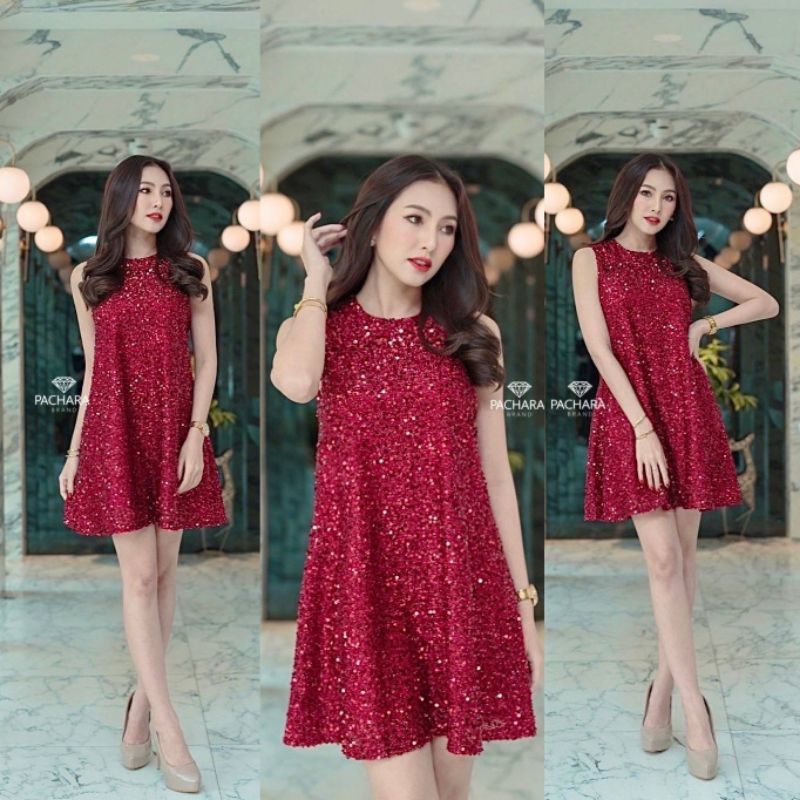 เดรสสั้นแขนกุดสีแดงเข้ม งานปักเลื่อมวิบวับวิ้งๆ ทั้งชุด(00531DA)