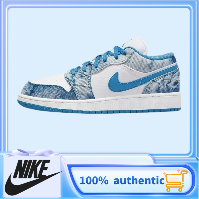 Nike Air Jordan 1 Low "Washed Denim" 100% Washed Denim น้ำหนักเบา Low Top Retro GS White Blue Sneakers แท้ 100%
