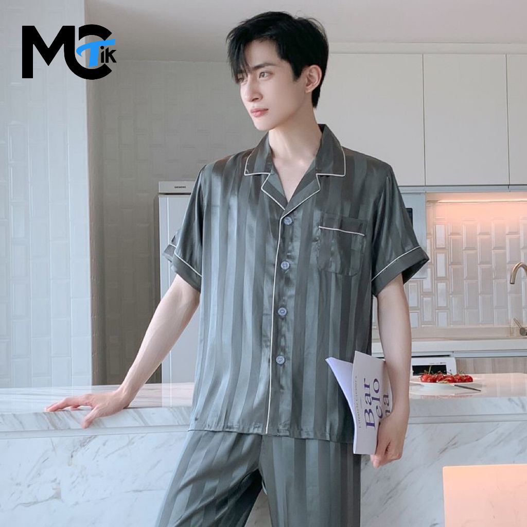 ชุดนอนผ้าซาติน ชุดนอน ผู้ชาย ลายตั้ง ขนาดบิ๊กไซส์ 5XL เกรดพรีเมี่ยม ชุดนอนน่ารักๆ สไตล์เกาหลี
