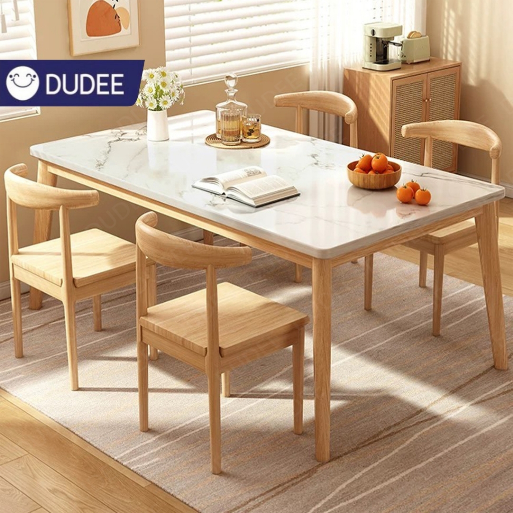 DUDEE ชุดโต๊ะทานข้าว รุ่น DD210+DD6 โต๊ะท็อปลายหินอ่อน พร้อมเก้าอี้มีพนักพิง นั่งสบาย