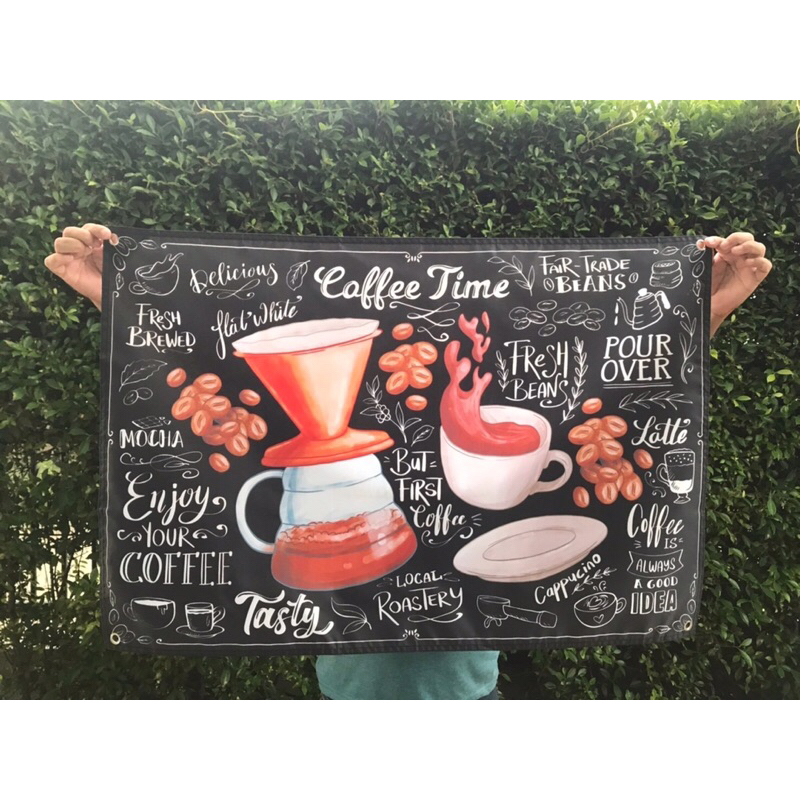 ป้ายผ้าแขวนตกแต่งร้าน กาแฟ ส้มตำ หมูปิ้งขนาด60x90cm.(เลือกลายที่ตัวเลือกสินค้า)