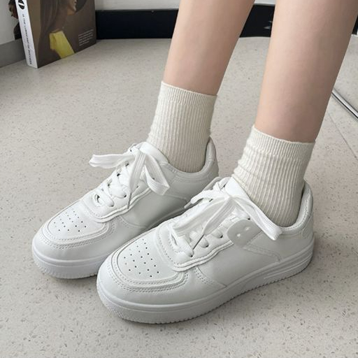 รองเท้าแฟชั่นสตรี ผูกเชือกรองเท้าผ้าใบระบายอากาศได้เวอร์ชั่นเกาหลีน้ำหนักเบาและไม่ลื่นรองเท้าสีขาว - รูปที่ 5