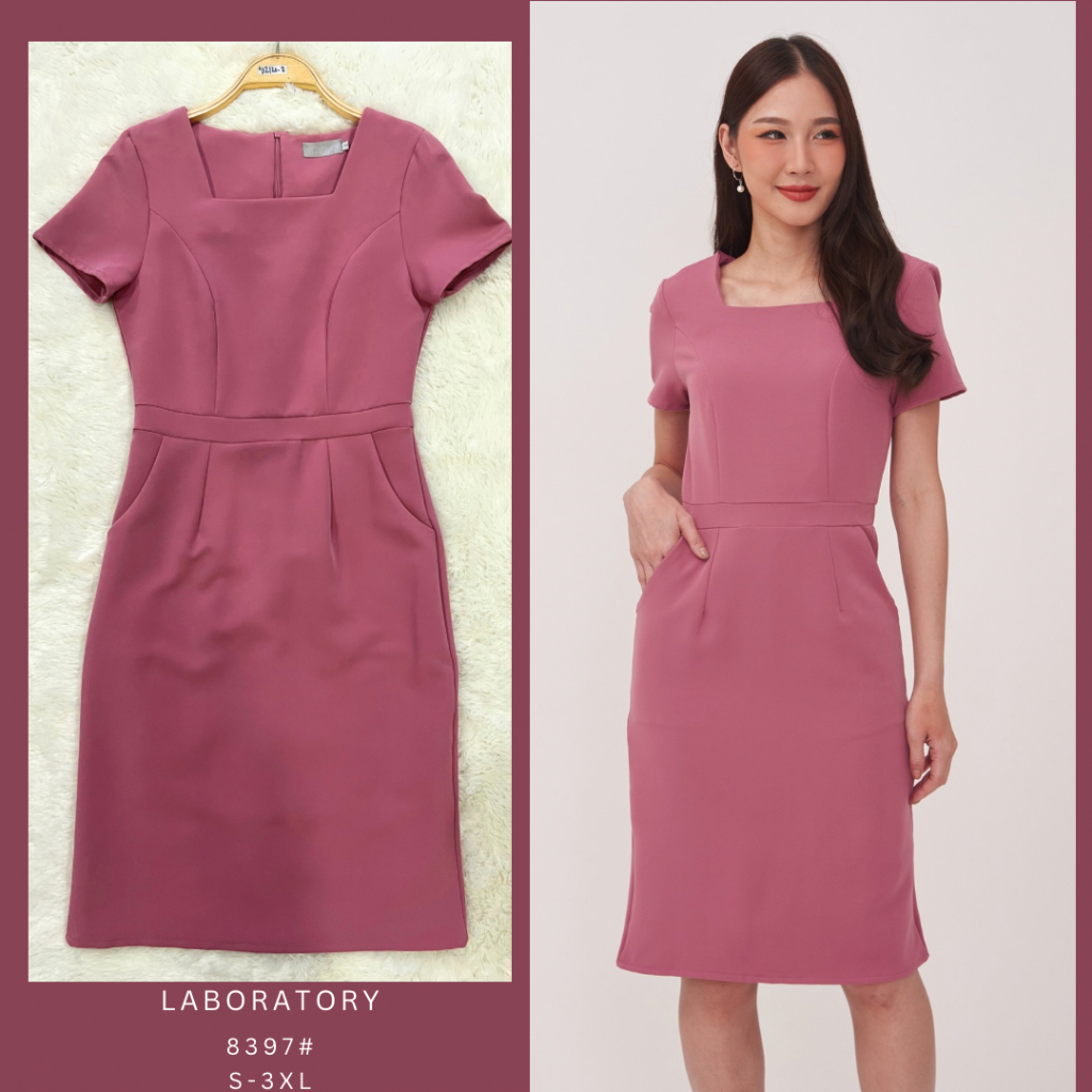 *Laboratory* 8397#ชุดทำงาน ชุดสุภาพ เดรสสีพื้น คอเหลี่ยมทรง basic