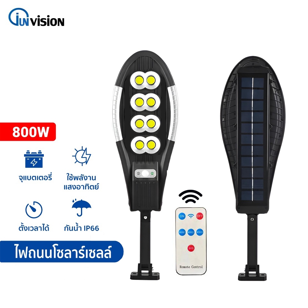 Junanvision ไฟถนนรีโมทคอนโทรล 800W+รีโมท ไฟถนนโซล่าเซลล์ ไฟถนน โคมไฟติดผนัง Solar Light ไฟสปอตไลท์