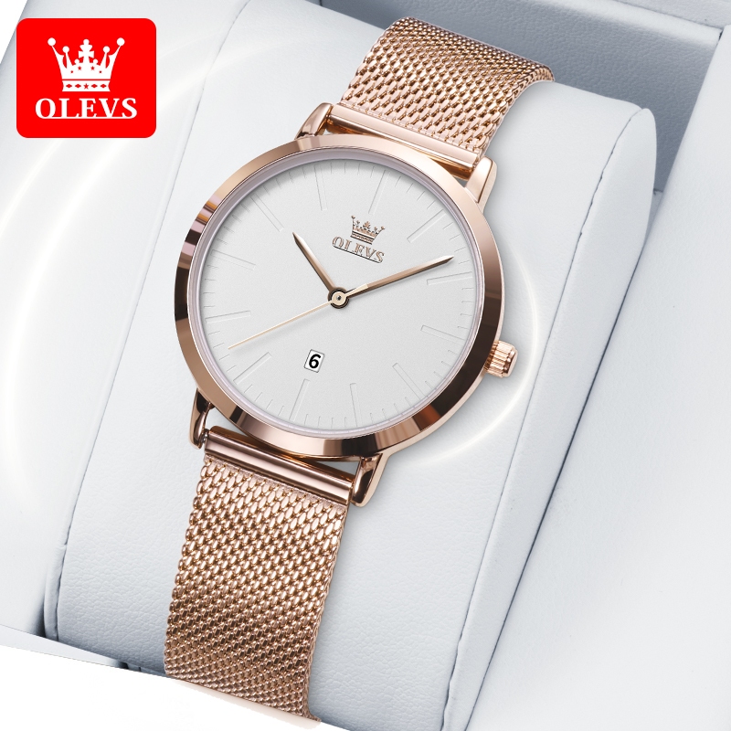 OLEVS นาฬิกาผู้หญิง แท้ ดูวันที่ แฟชั่น สายสเตนเลส แบบกันน้ำ ส่องสว่าง สำหรับผู้หญิง ของขวัญวันเกิดเด็กผู้หญิง 5003