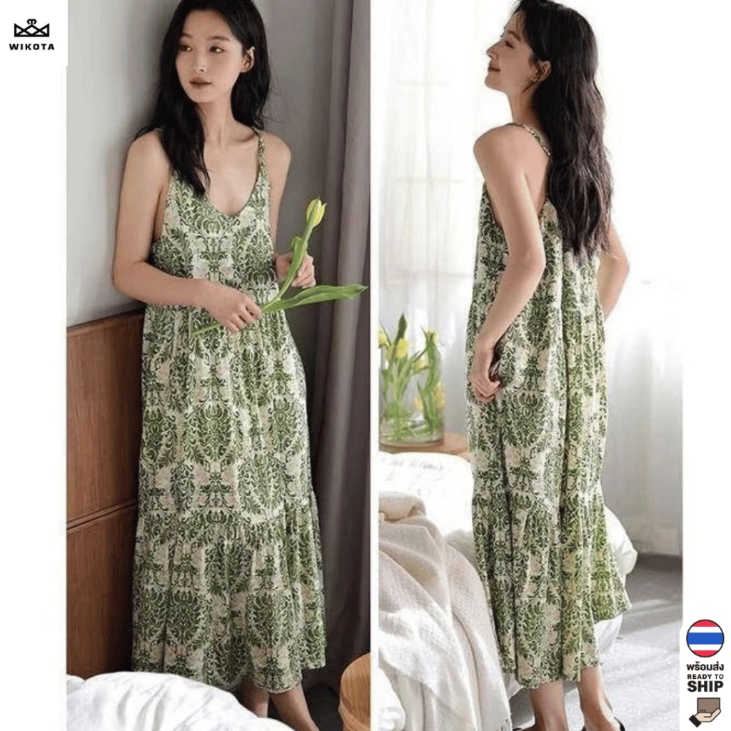 [W0230] เดรสสายเดี่ยว เดรสยาว ลายสโคล์ งานสวย ผ้าทิ้งตัว ทรงปล่อย ใส่สบายไม่ร้อน แนววินเทจ ใส่เที่ยวไปทะเล สไตล์เกาหลี