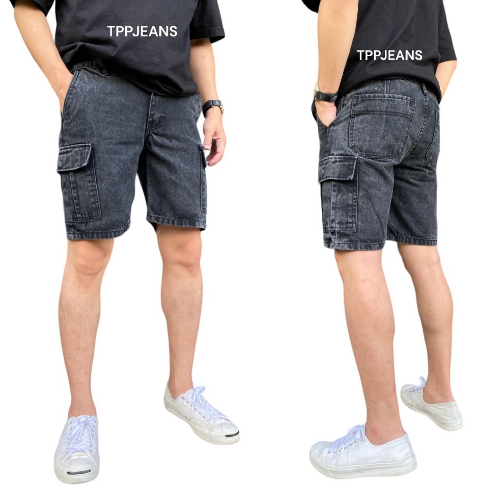 JEANSEXPRESS กางเกงยีนส์ขาสั้นคาร์โก้ ทรงเหนือเข่าขากระบอก สีฟอกเทาเข้ม เป้าซิป กระเป๋าข้าง Size 28-42