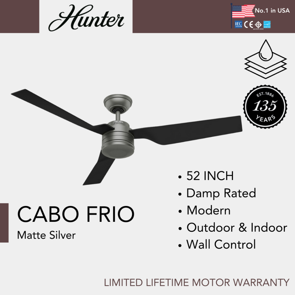 Hunter Fan พัดลมเพดาน รุ่น Cabo Frio - Matte Silver 52" Modern Damp Rated Ceiling Fan