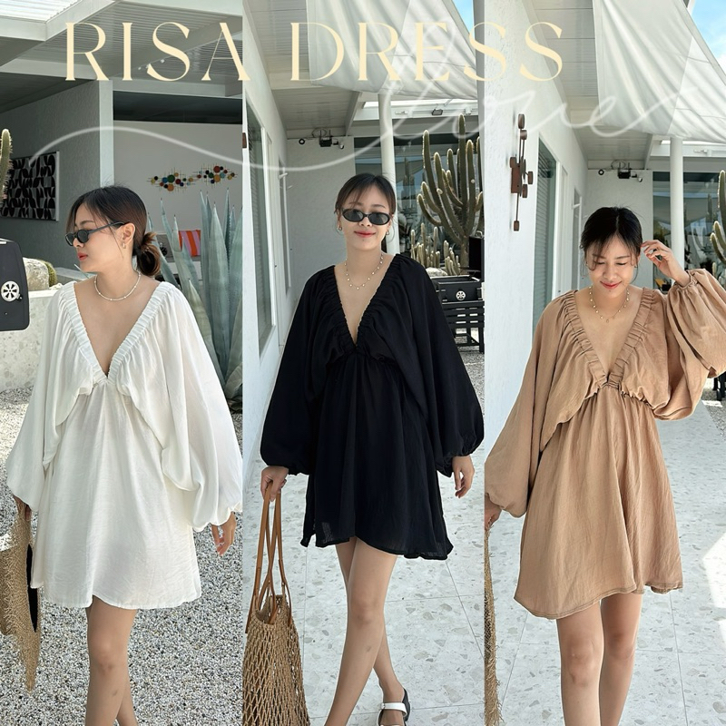 𝗥𝗜𝗦𝗔 𝗗𝗥𝗘𝗦𝗦 เดรสผ้าไหมซาติน คอV ลึกและกว้าง ด้านหลังผูกโบว์ (กลัวโป๊แนะนำใส่ซับในหรือเทปกาวแปะกันโป๊)