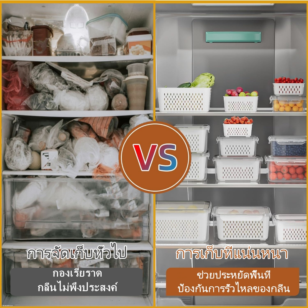 กล่องเก็บของในตู้เย็น กล่องถนอมอาหารในตู้เย็น มีกระชอนแบบถอดได้และมีฝาปิด กล่องเก็บผัก กล่องเก็บเนื้อ ภาชนะใส่อ - รูปที่ 2