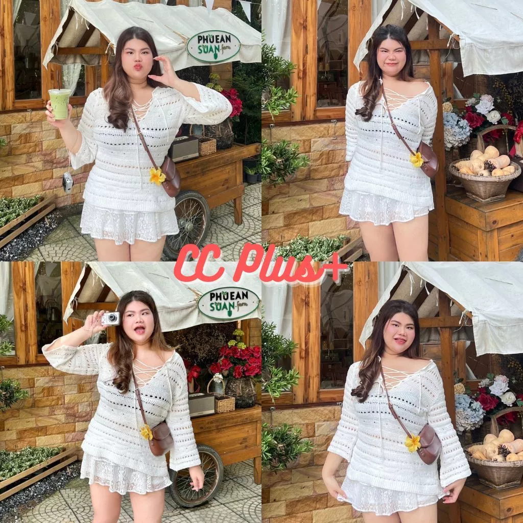 CiCi Plus+(ZH678) เสื้อคอวีแขนยาว ผ้าไหมพรมถัก ดีเทลแต่งเชือกไขว้ด้านหน้าสลับกัน สไตล์พลัสไซส์