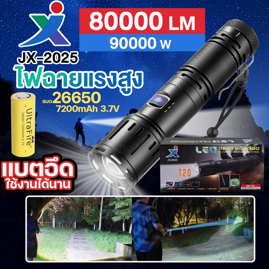 ไฟฉายแรงสูง XML T20 JX-2025 80000 ไฟฉายฉุกเฉิน ปรับแสงได้ 5โหมด ใช้ชาร์จมือถือได้ พร้อมส่ง