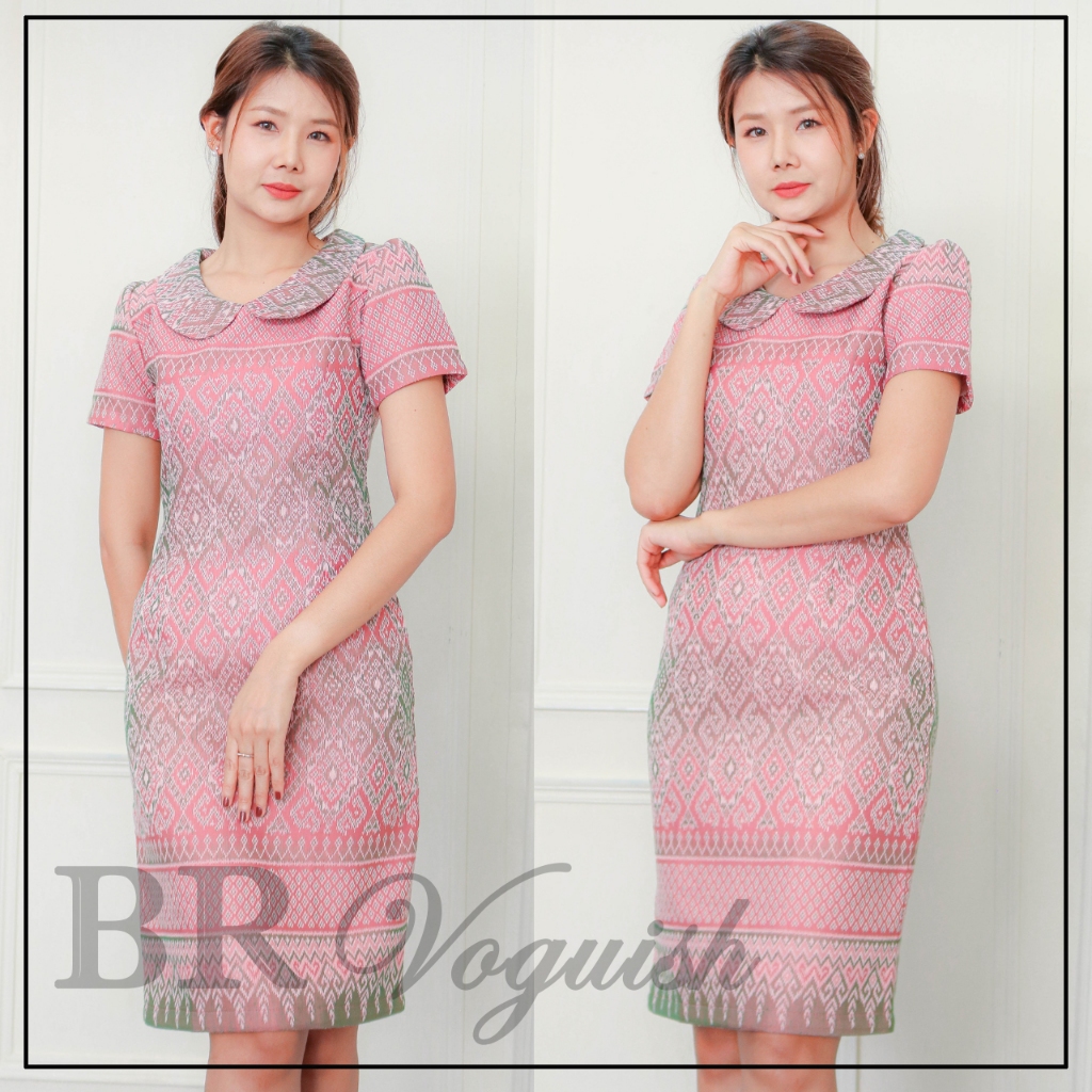 เดรสคอบัวไทยลายขอ ผ้าไทยลายขอ คอบัว แขนสั้น BR Voguish
