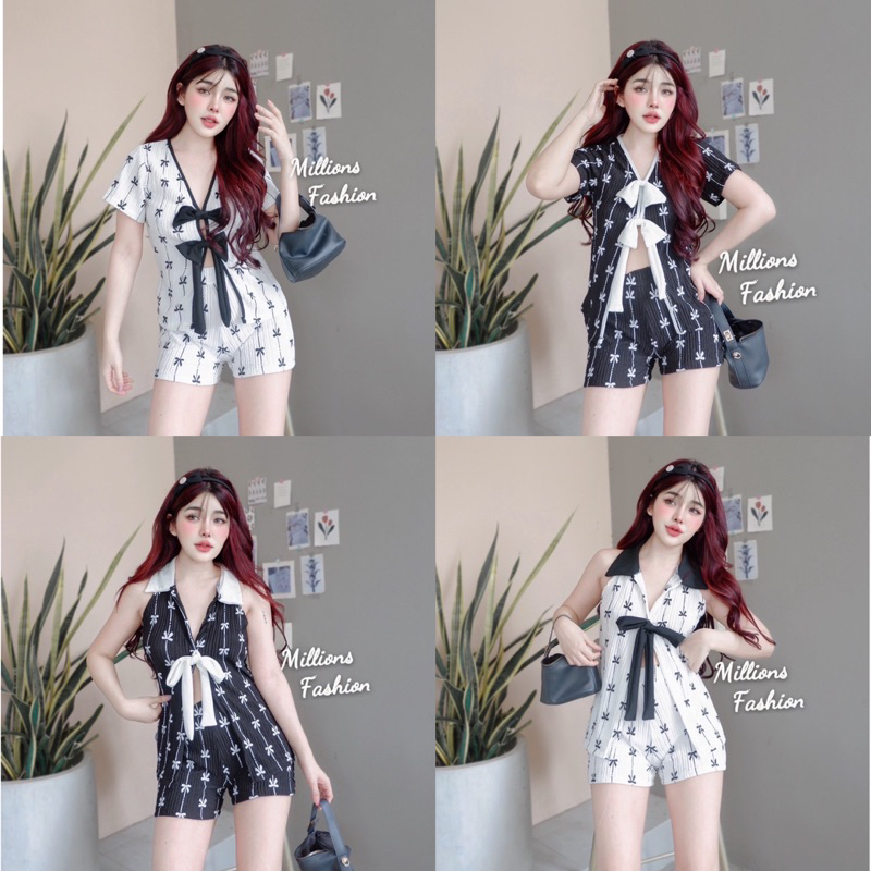 Kaidee99 ชุดเซ็ท ลายโบว์ แต่งโบว์หน้า แขนสั้น ขาสั้น & คอปก แขนกุด ขาสั้น ผ้าท็อฟฟี่ ผ้าเด้งนุ่ม ใส่สบาย สวยน่ารักมาก