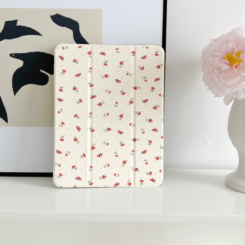 พร้อมส่ง case iPad Air5 Air6 ซิลิก้าเจล พร้อมถาดใส่ปากกา โบว์ดอกไม้สีแดง เคส iPad pro11 2024 MINI7