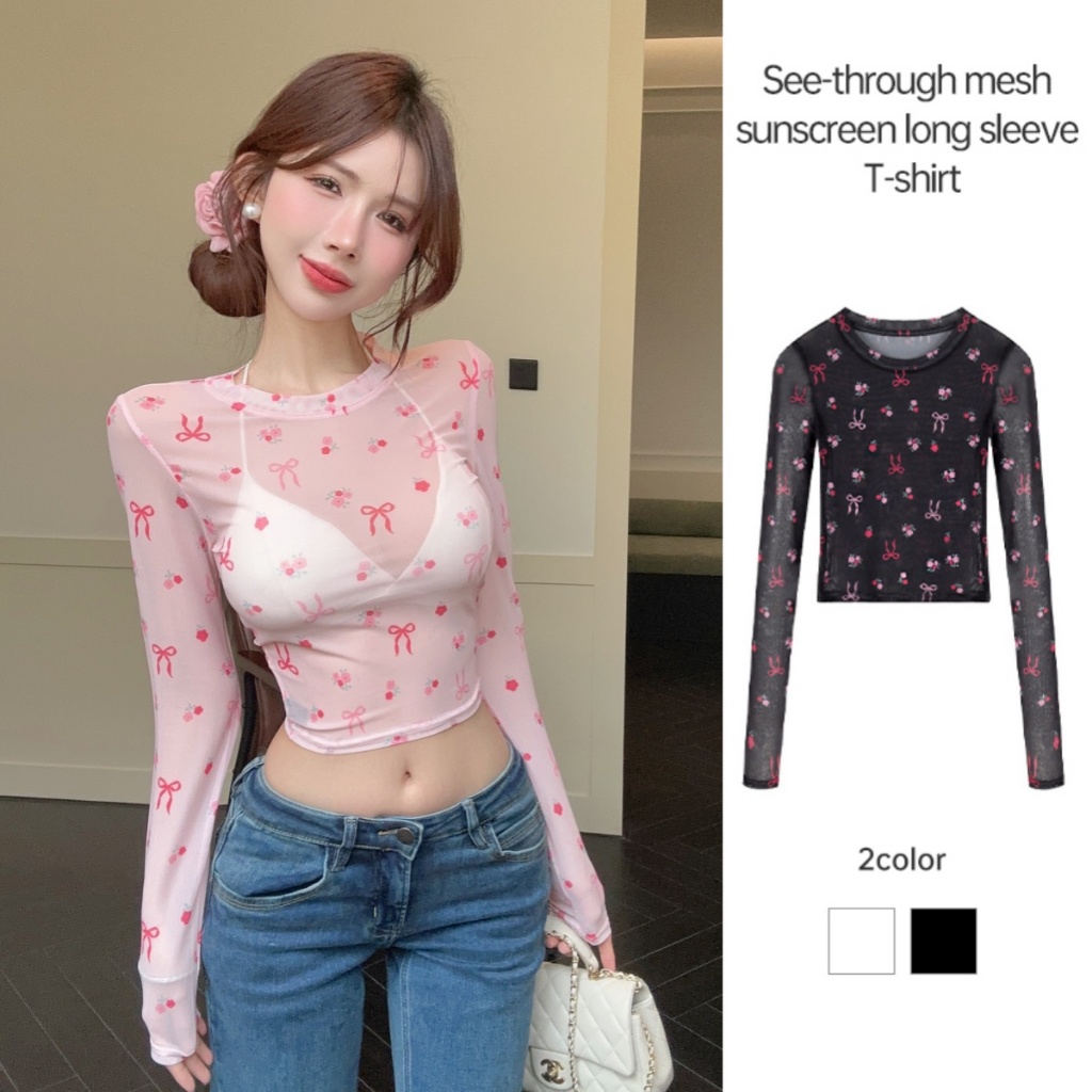ราคา-จำกัด-เวลา ลมหวานเผ็ดพิมพ์ออกแบบความรู้สึกรอบคอแขนยาวป้องกันแสงแดดโบว์กลวงออกมุมมองเสื้อลูกไม้เสื้อยืดY2K-2024 LIV