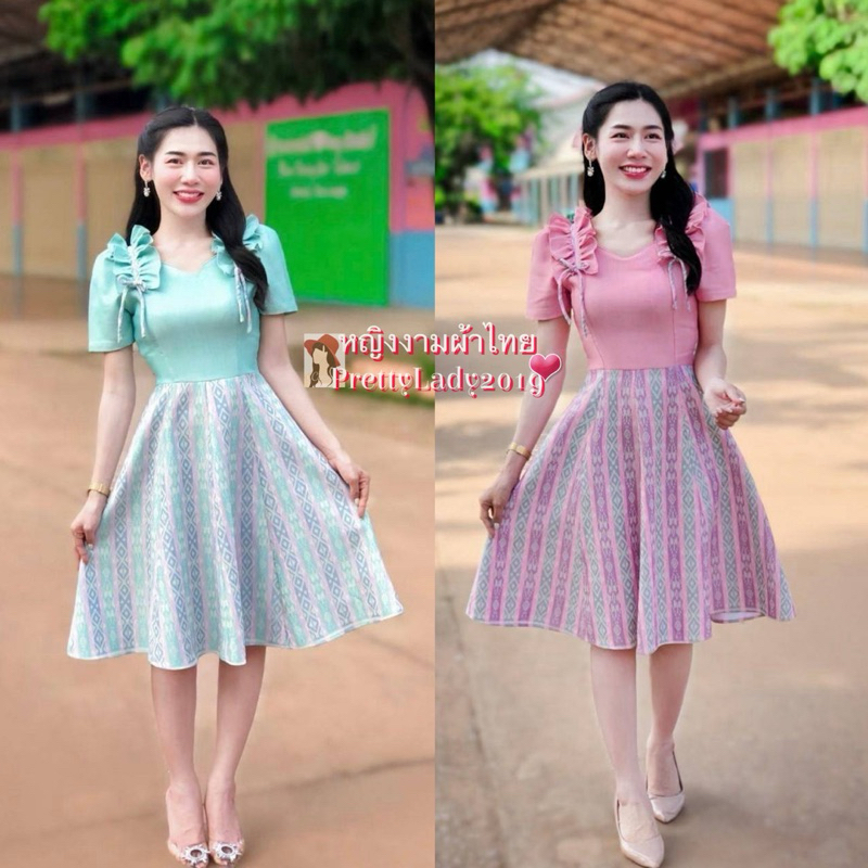 เดรสย้วยระบายไหล่เดรสทรงย้วยตัดต่อ 8 ชิ้น ผ้ามัดหมี่ทอลาย อัดกาวทั้งชุด