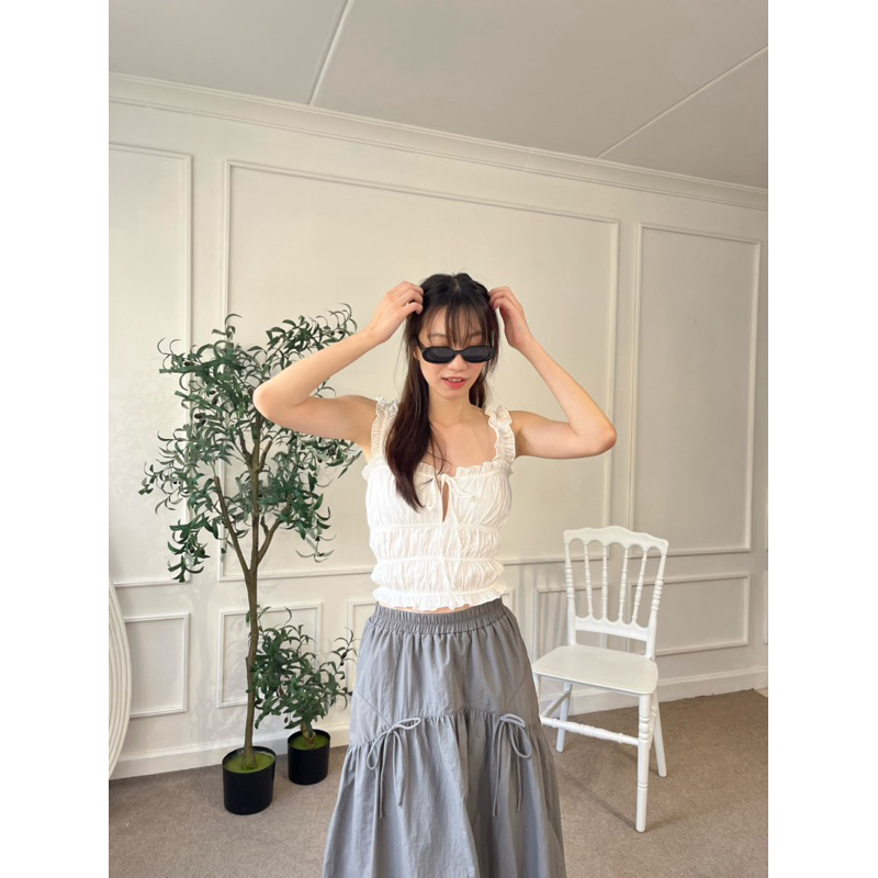 Gummy top - เสื้อแขนกุดดีเทลแขนย่น จั๊มเอว สม้อคตัว มีลายผ้า ด้านหน้าเย็บ2ชั้น (nita.bkk) - รูปที่ 3