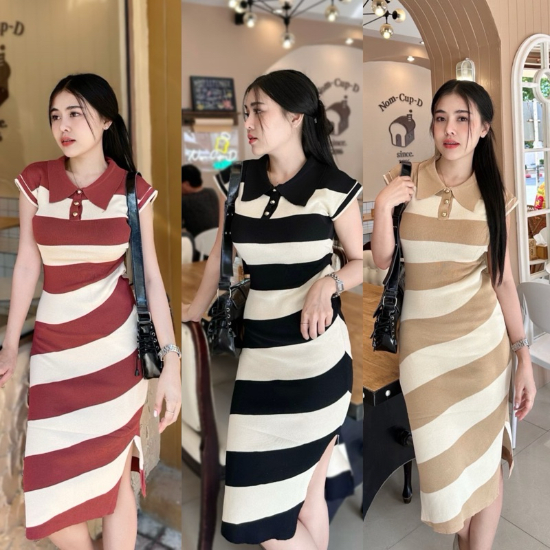 Dzaishop ชุดเดรส เข้ารูป ทรงคอโปโล งานผ้าไหมพรมทอลาย คาดเส้น ใส่ได้บ่อยๆเลยจ้า