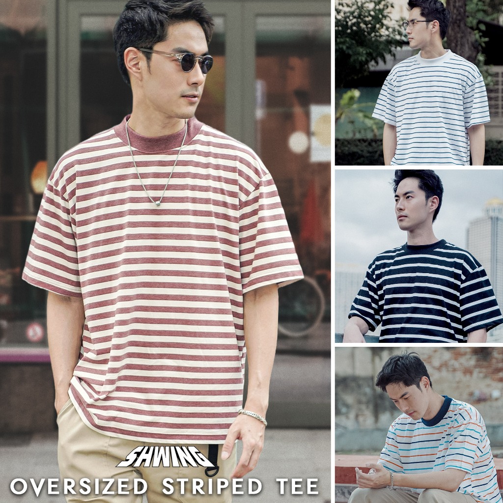 SHWING เสื้อยืดลายขวางโอเวอร์ไซส์ คอฟิต 3.5 ซม. ผ้าเบานุ่มสบายไม่ร้อน เสื้อลายริ้ว Oversized Striped