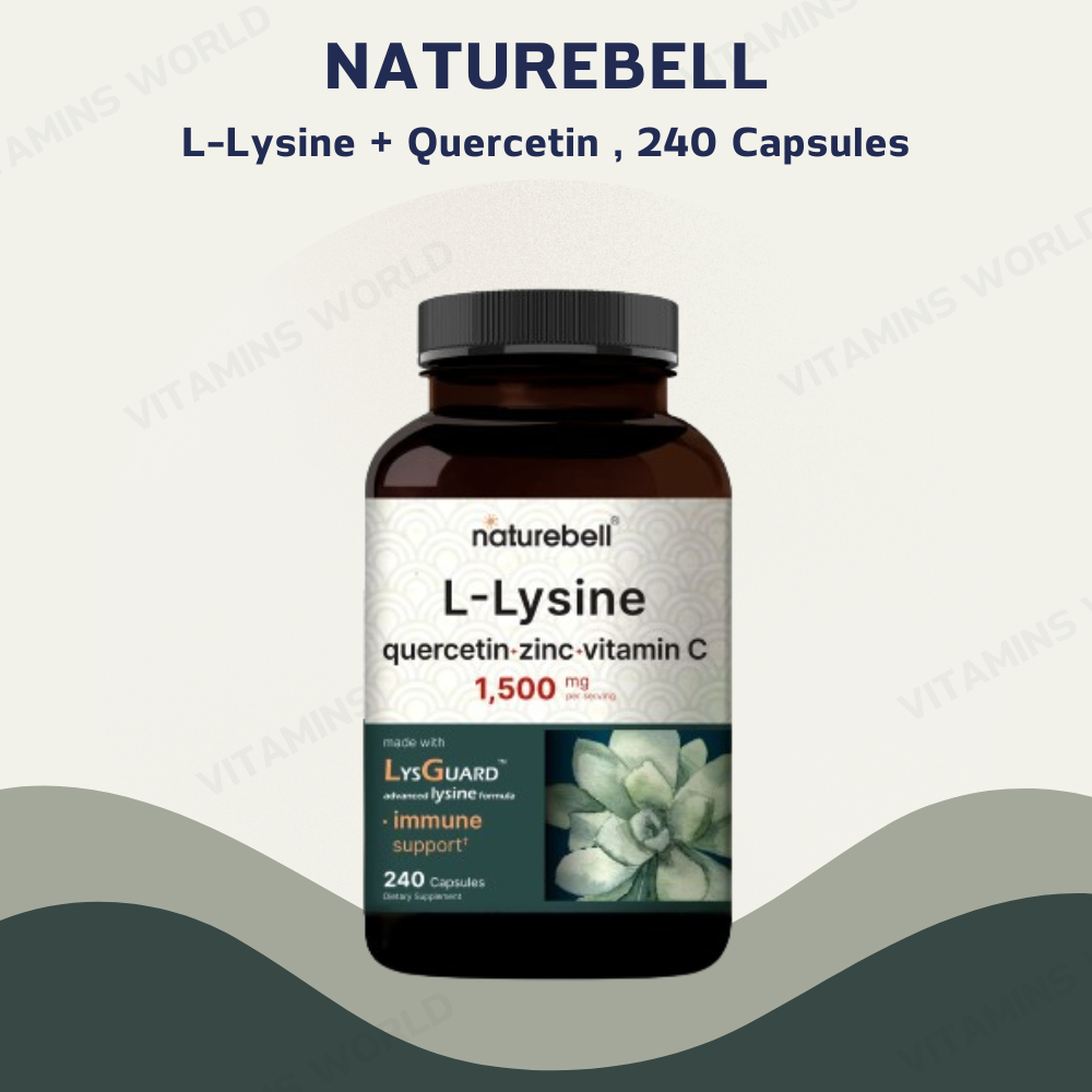 NatureBell L-Lysine 1000mg + Quercetin 250mg Supplement, 240 Capsules, Free Form, 4-in-1 Lysine Comp