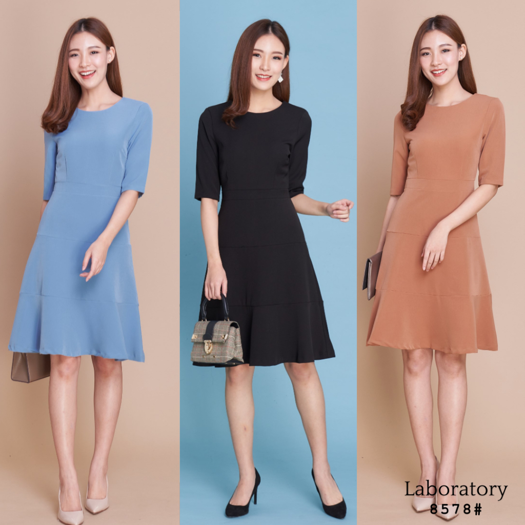 On sale เดรส 8578# เดรสแขนสามส่วน กระโปรงทรงเอ ทรงบานต่อชาย 3 ชั้น