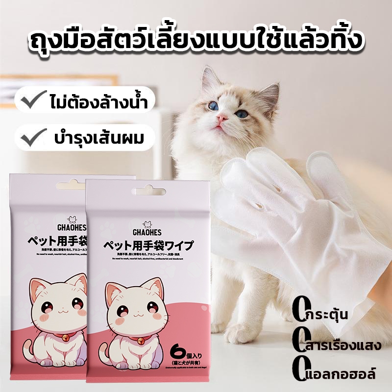 ถุงมือสปา  ถุงมือเปียกอาบน้ำสัตว์เลี้ยง ใช้แล้วทิ้ง อาบน้ำแห้ง ขจัดกลิ่น ถุงมือทำความสะดวกสัตว์เลี้ยง แพ็คละ6ชิ้น