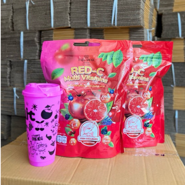 RED-C แถมแก้ว โปร 2 แถม 1 ( 2ห่อ + แก้ว 1 ใบ ) วิตามินซีแดง วิตามินเรด-ซี วิตามินชีผสมวิตามินรวม วิตามินซีพี่ฝ้าย