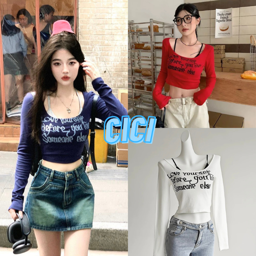 Cici(NO.1319) Set2 ชิ้น สายเดี่ยว+เสื้อครอปคอยูแขนยาวคอกลมสกรีนลาย ตัวอักษร ด้านหน้า สายเดี่ยว เหมาะสำหรับสาวสตรีท