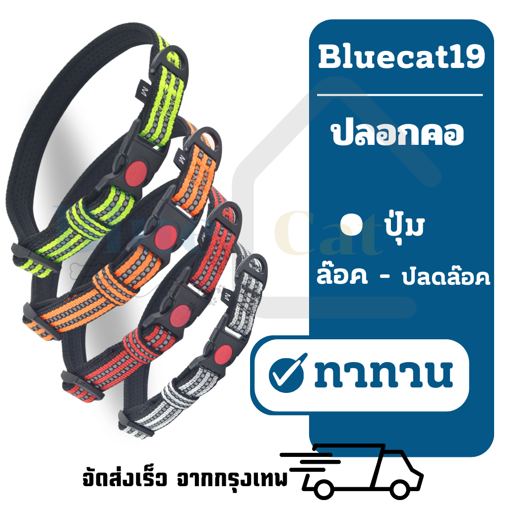 Bluecat19 ปลอกคอหมา หมา ปลอกคอสุนัข สุนัข มีปุ่มเลื่อนล๊อคปลดล๊อค สะท้อนแสงกลางคืน