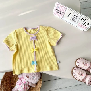 Babyonline(Y529)A1 (ส่งด่วน1วัน)เสื้อยืดแขนสั้นสำหรับเด็กผู้หญิงผ้าร่องสีพื้นแต่งโบว์ นุ่ม ลื่น ใส่สบาย
