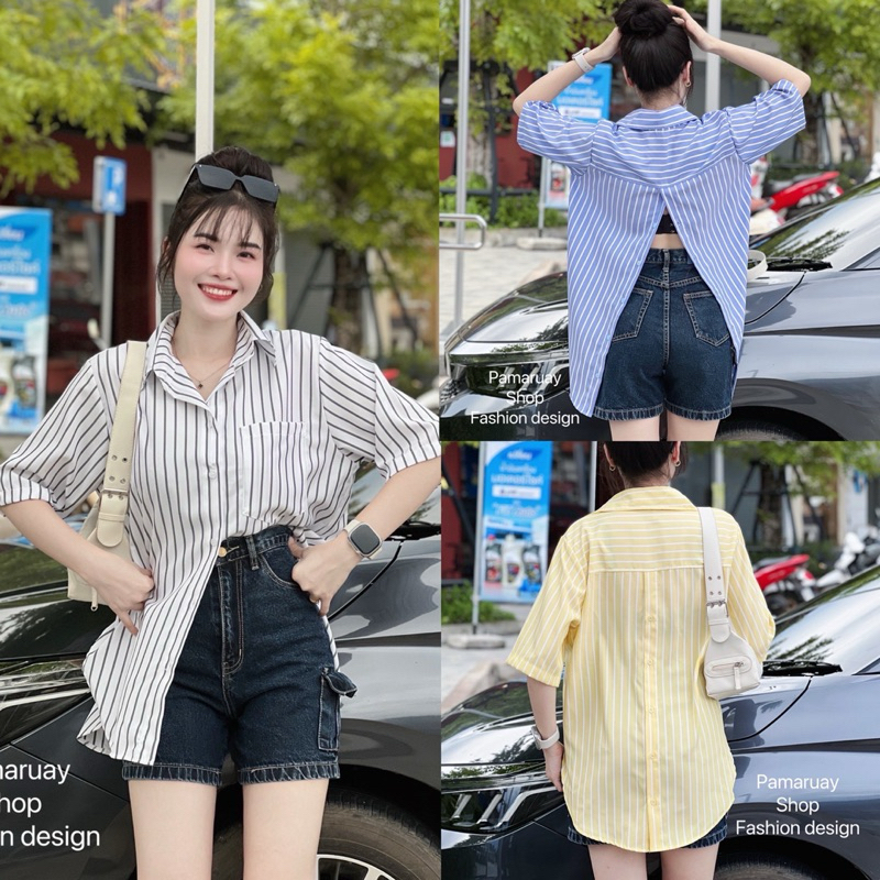 เสื้อเชิ้ตแฟชั่น เชิ้ตแขนสั้น คอปก กระเป๋าหน้า ผ่าหลังติดกระดุมได้ ทรง oversize อก 44