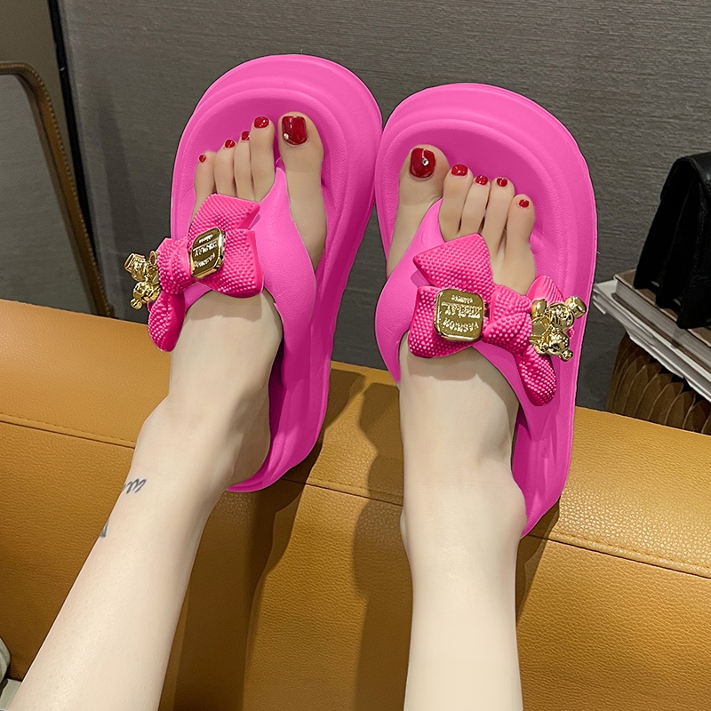 Leyoo ขายดี รองเท้าแตะผู้หญิงแฟชั่น ทรงเสริมส้นน้ำหนักเบา ใช้วัสดุยาง EVA ทนทานทำความสะอาดง่าย เพิ่มความสวยด้วยตัวติดโบว
