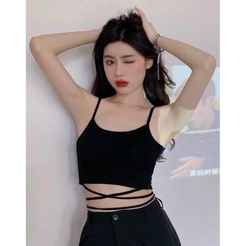 สายเดี่ยวสั้นแบบผูกเอวขนาดฟรีไซส์ ผ้ายืดใส่สบายไม่ร้อน ใส่ได้ทุกโอกาส