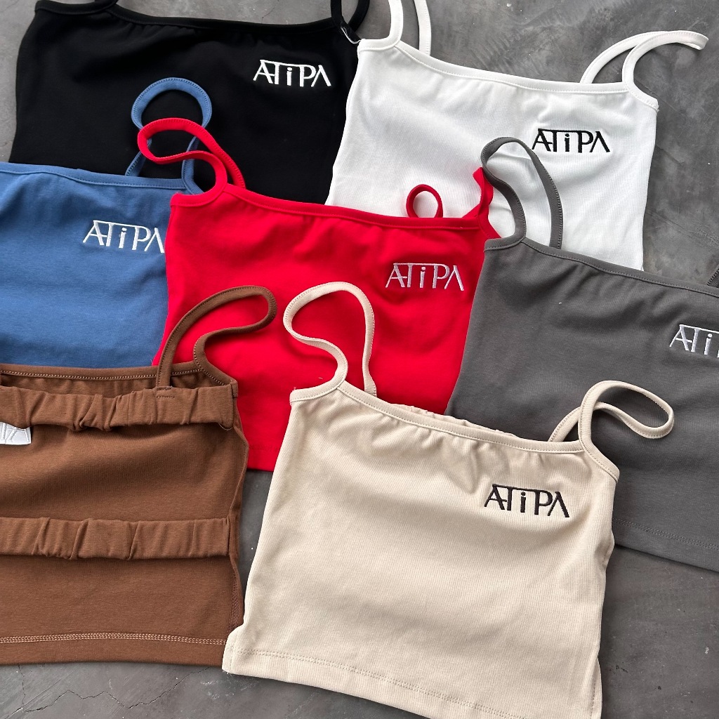 Atipashop - GENE CROP เสื้อสายเดี่ยว ครอป เว้าหลัง ปักโลโก้ มีหลายสีให้เลือก