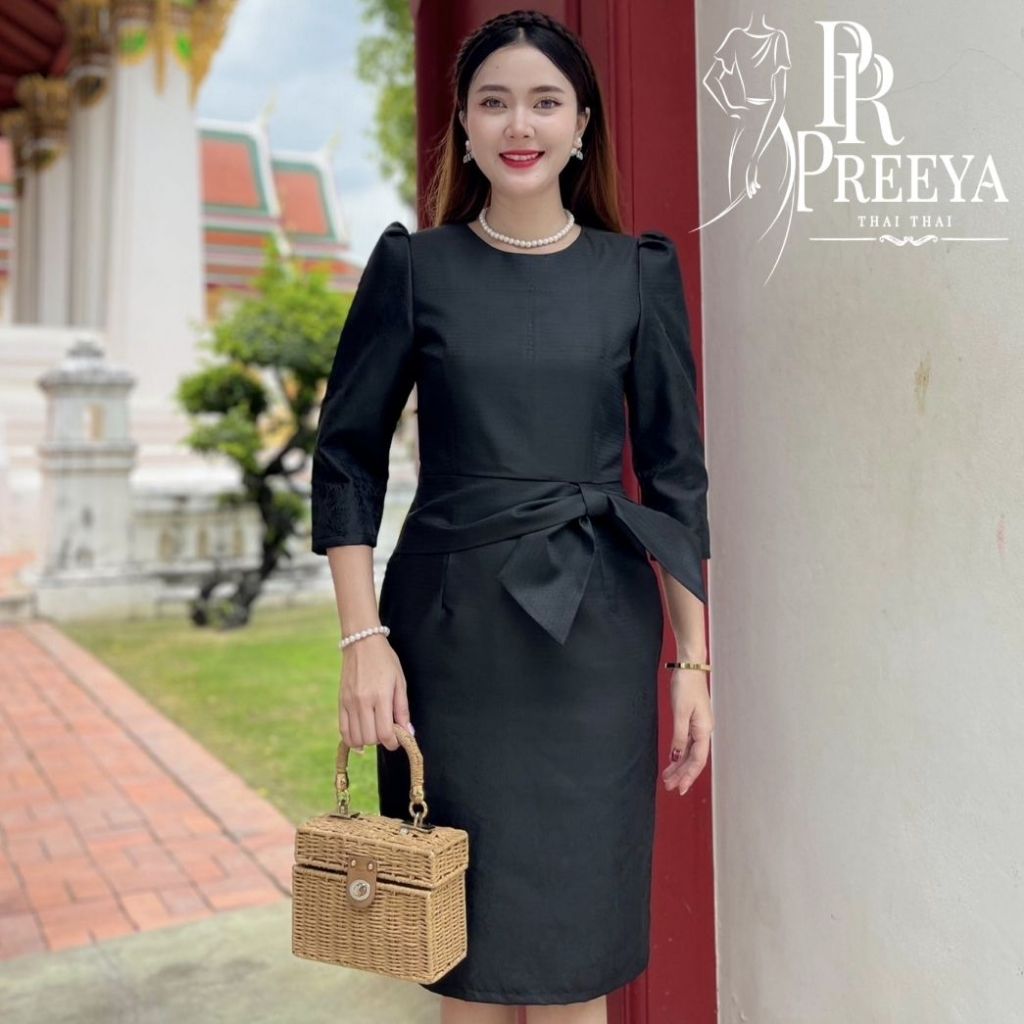 PR104 เดรสผ้าฝ้ายทอลาย ยกแขน อัดกาวทั้งชุด แบรนด์ preeya