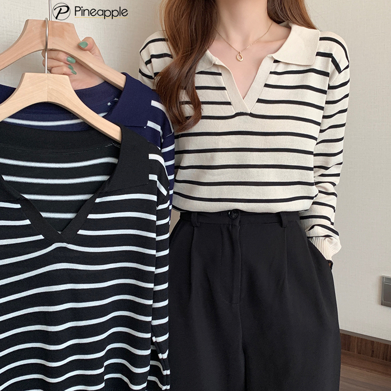 1098 เสื้อไหมพรมแขนยาว คอโปโล เสื้อลายทาง ผ้านิ่มๆใส่สบาย Striped pole sweater